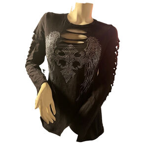 NWT women’s black long sleeve blouse rhinestone skull wing cutout detailing
